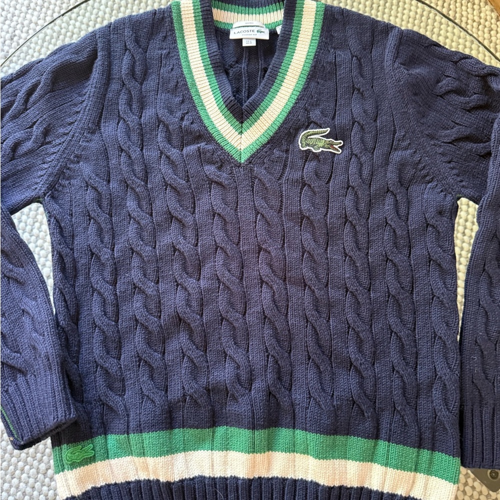 Lacoste Navy Cable-Knit V-Neck Sweater with Green and Cream Stripes